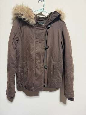 Theory Brown Puffer Winter Jacket with Faux Fur Hood